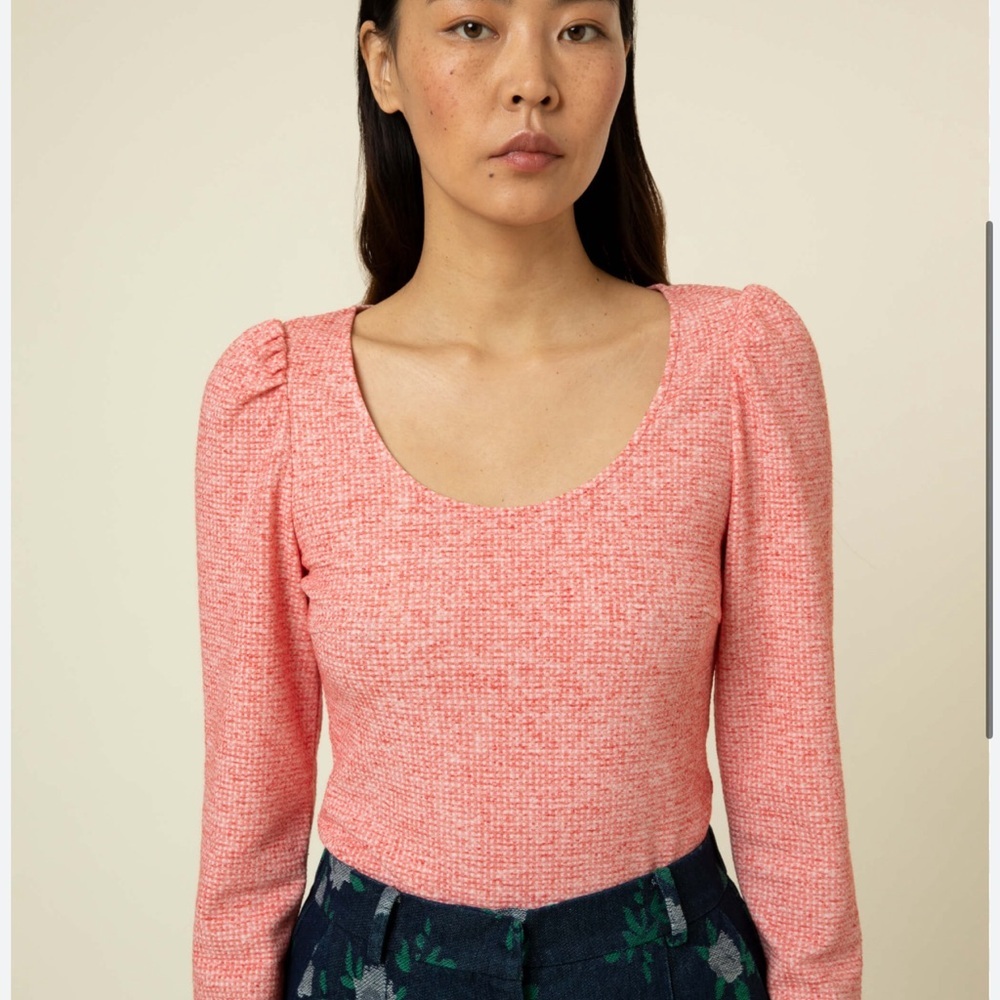 FRNCH PARIS Pink Jael Ruffle Should Crew Neck Long Sleeve Top  Women size S